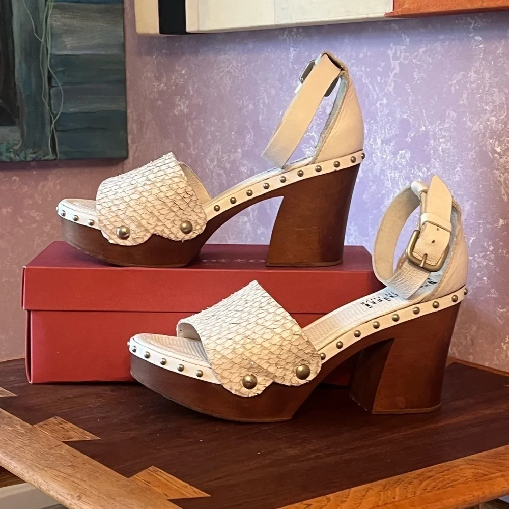 Felmini Python Leather Platform Clogs with Wooden Heel and ankle straps